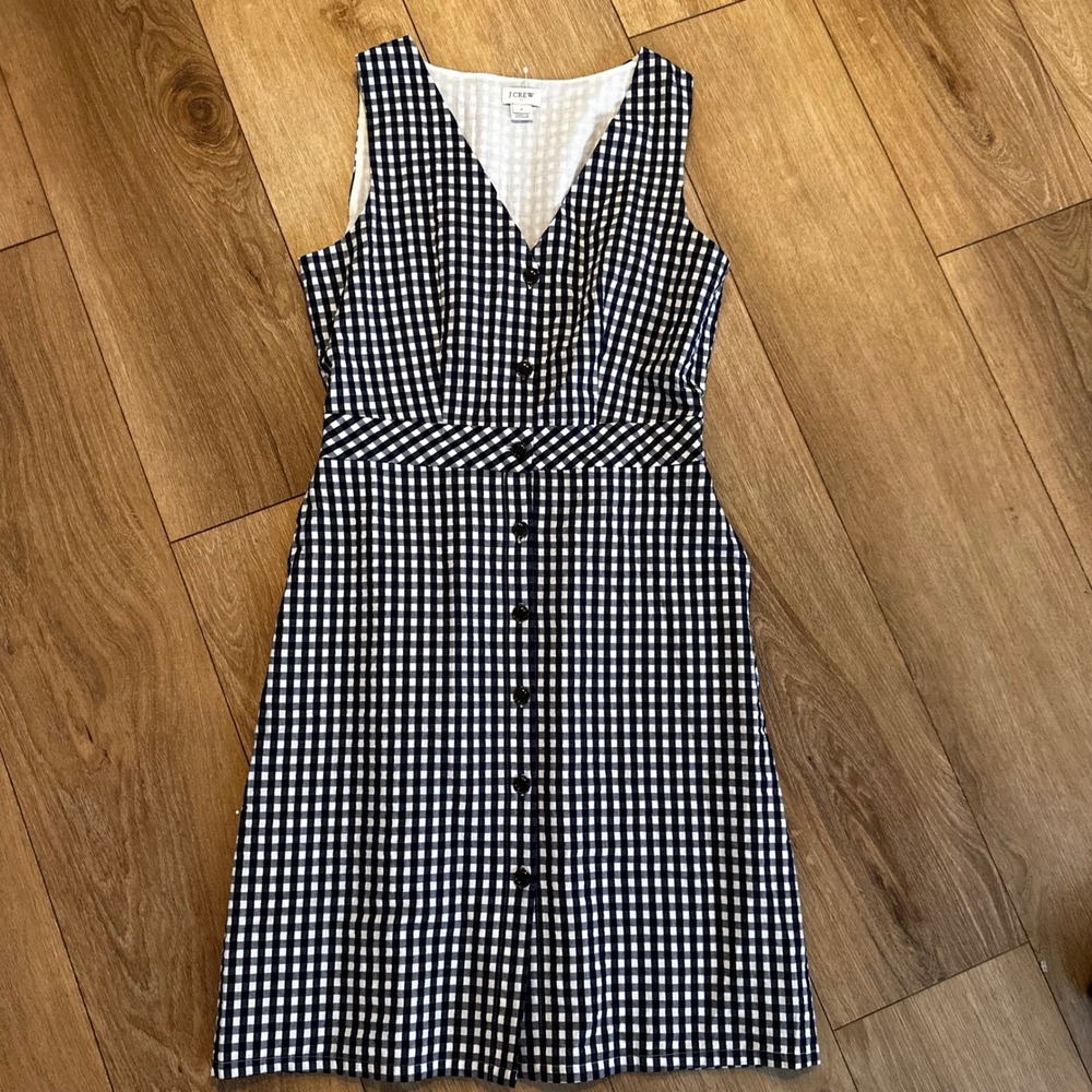 J.Crew Navy White Gingham Button Front Sleeveless V-Neck Lined Dress Size 2
